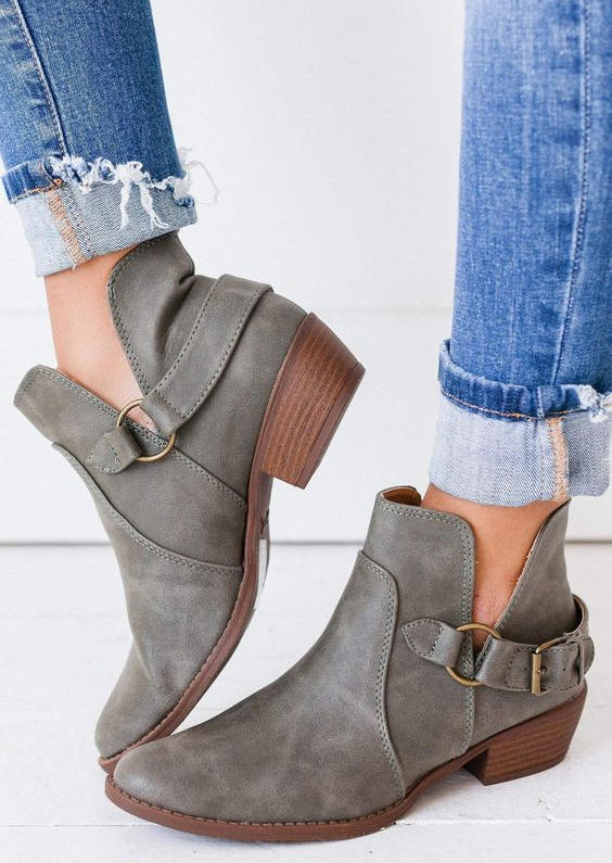 

Round Toe Buckle Strap Low-heeled Boots - Gray, SCM006939