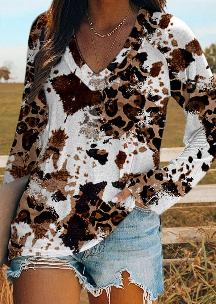 

Leopard Long Sleeve V-Neck Blouse, Multicolor, SCM007062