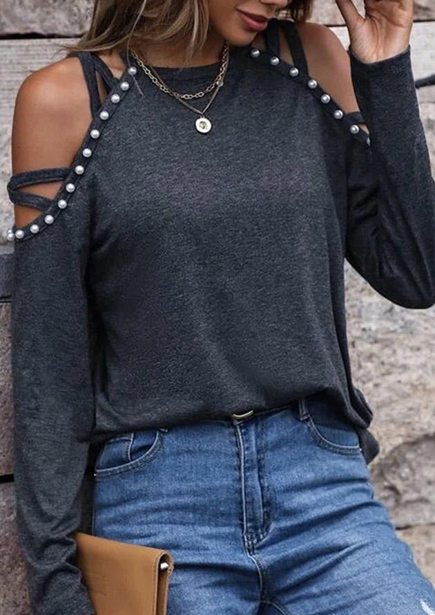 Pearls Beaded Cut Out Long Sleeve Blouse - Gray