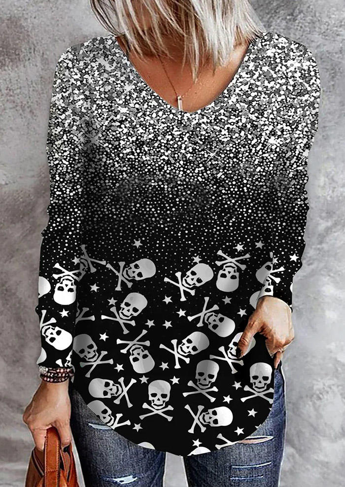 

Gradient Glitter Skull V-Neck Blouse - Black, SCM007094