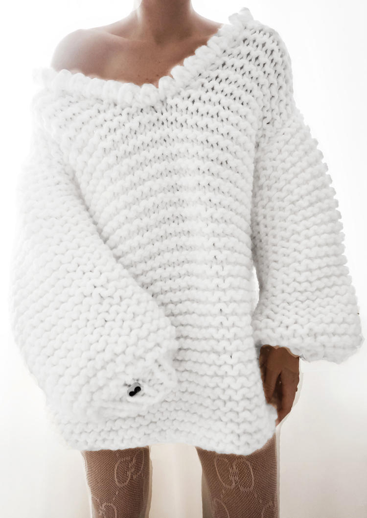 Knitted V-Neck Long Sleeve Sweater Mini Dress - White