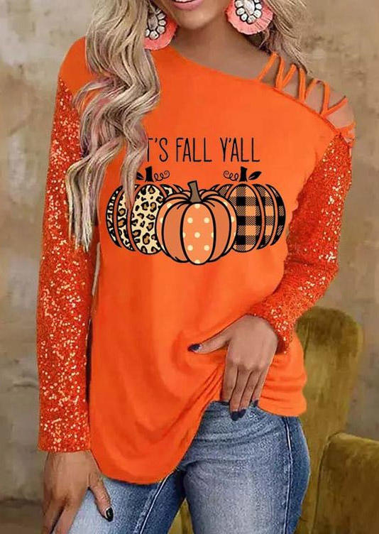 It's Fall Y'all Plaid Leopard Polka Dot Plaid Pumpkin Sequined Blouse - Orange