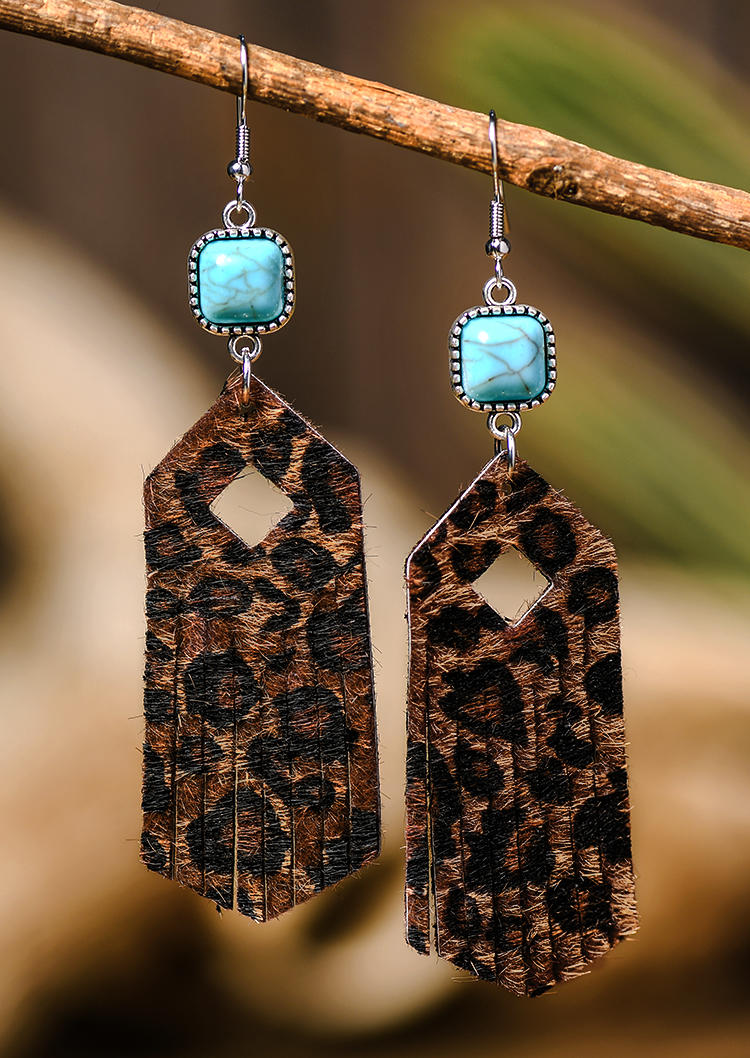 Leopard Turquoise Tassel Hollow Out Hook Earrings
