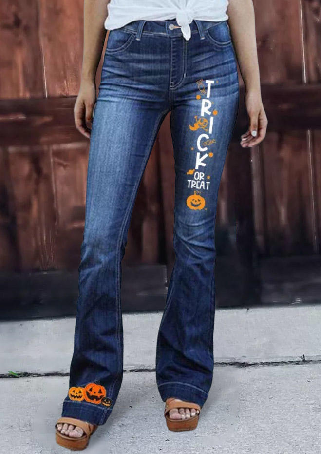 

Halloween Trick Or Treat Pumpkin Face Denim Pants - Blue, SCM006105