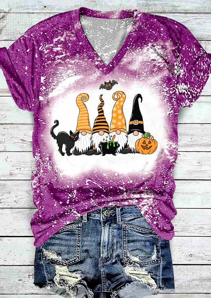 

Halloween Pumpkin Face Bat Cat Gnomies T-Shirt Tee - Purple, SCM006384