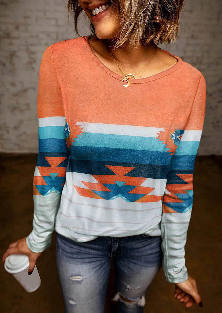 

Aztec Geometric Striped Long Sleeve Blouse, Multicolor, SCM006398