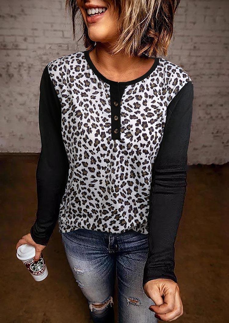 

Leopard Button Long Sleeve Blouse, Multicolor, SCM006456