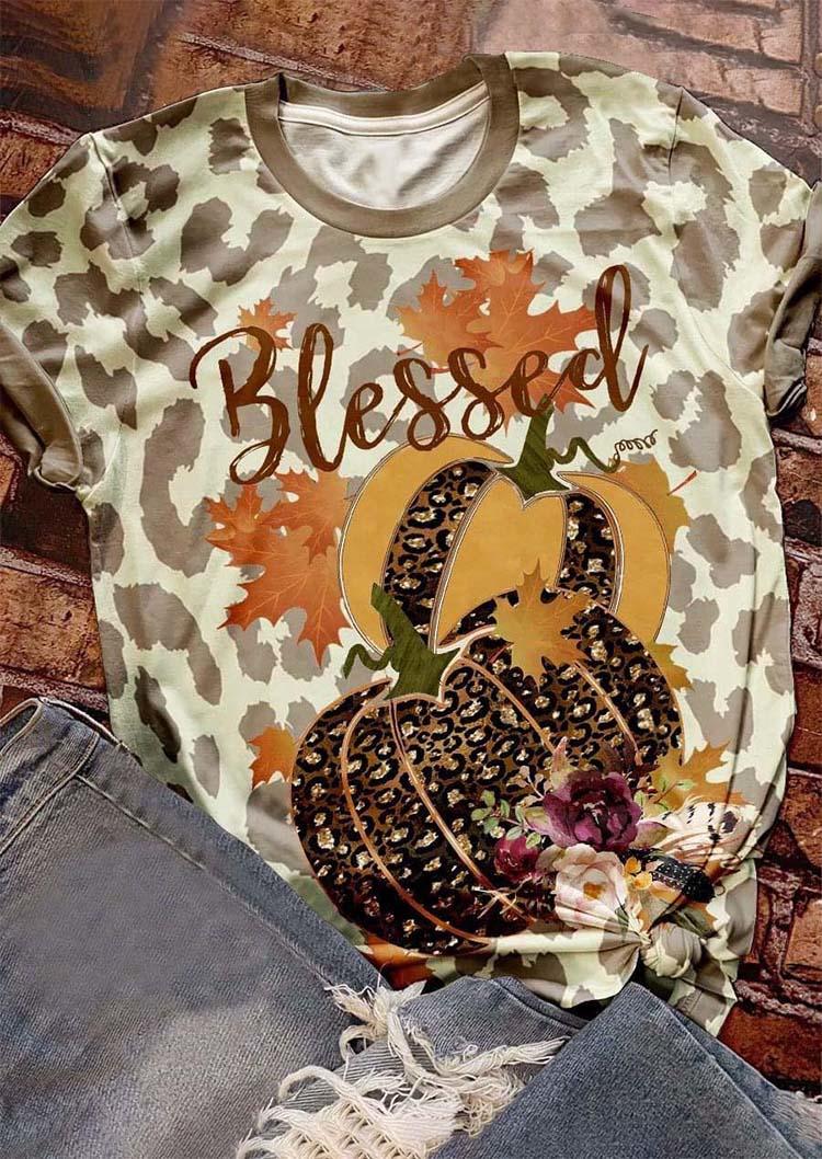 

Blessed Pumpkin Leopard Maple Leaf T-Shirt Tee, Multicolor, SCM006500
