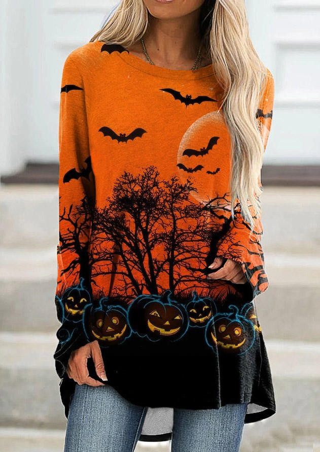 

Halloween Pumpkin Face Bat Long Sleeve Blouse - Orange, SCM006546