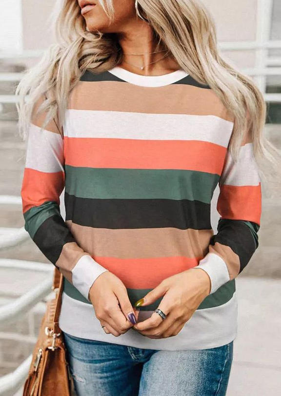 

Color Block Long Sleeve O-Neck Blouse, Multicolor, SCM006549