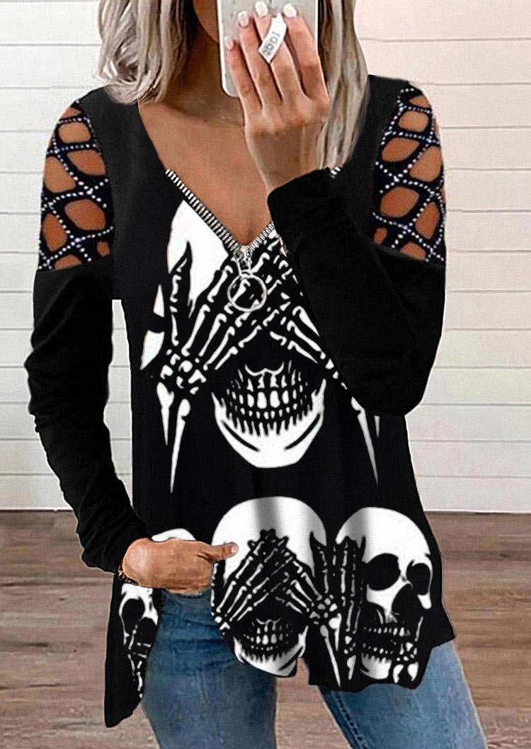 

Halloween Skull Hand Rhinestone Hollow Out Zipper Blouse - Black, SCM006597