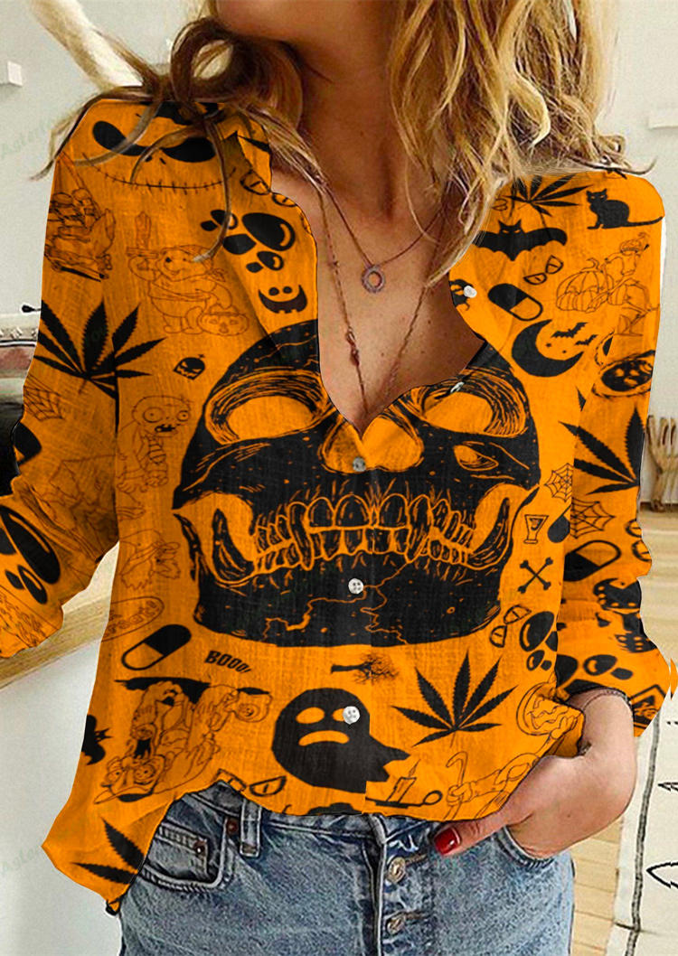 

Halloween Skull Button Turn-Down Collar Shirt - Yellow, SCM006598