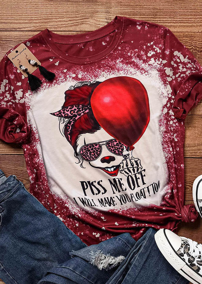 

Halloween Piss Me Off I Will Make You Float Too Skeleton Hand Bleached T-Shirt Tee - Red, SCM006713