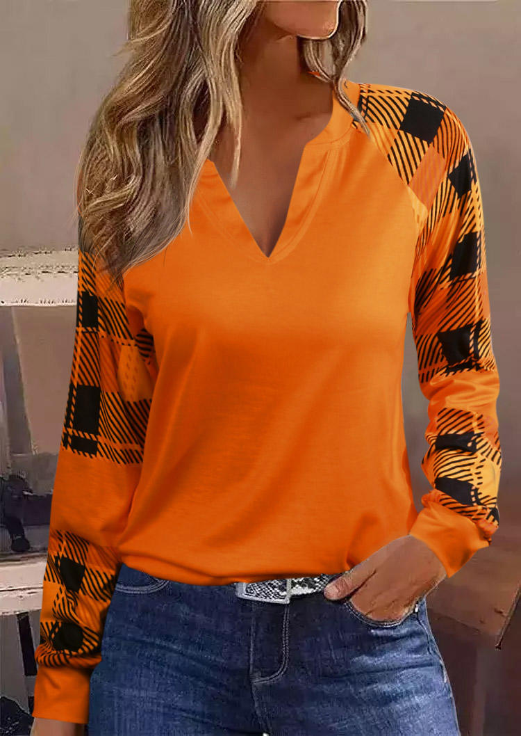 

Plaid Notched Neck Long Sleeve Blouse - Orange, SCM006791