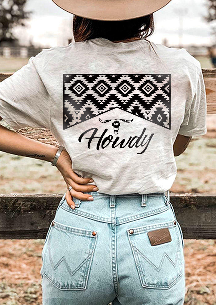 

Howdy Steer Skull Aztec O-Neck T-Shirt Tee - Light Grey, Gray, SCM006841