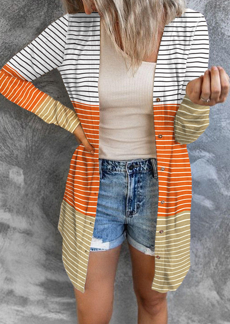 

Striped Color Block Button Casual Cardigan - Orange, SCM006881