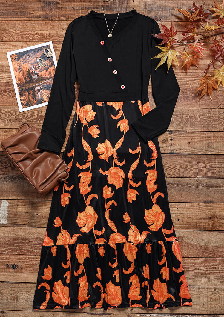 Floral Button Ruffled Long Sleeve Maxi Dress - Black