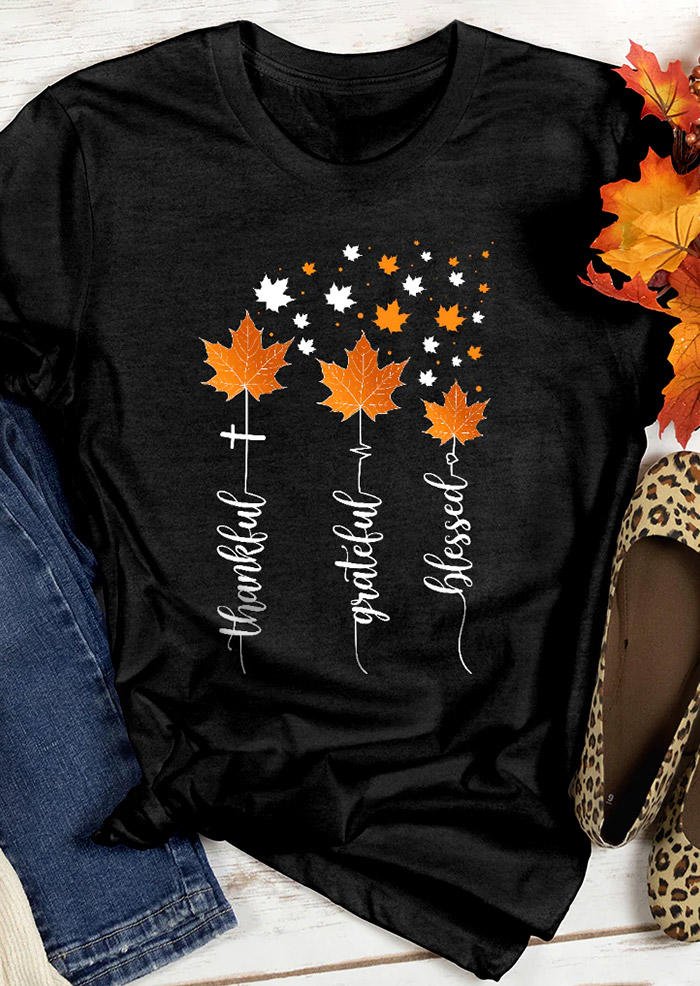 

Thankful Grateful Blessed Maple Leaf T-Shirt Tee - Black, SCM007007