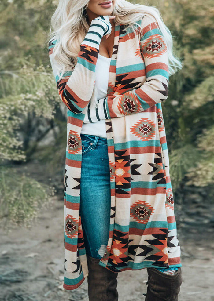 

Aztec Geometric Striped Long Cardigan, Multicolor, SCM007258