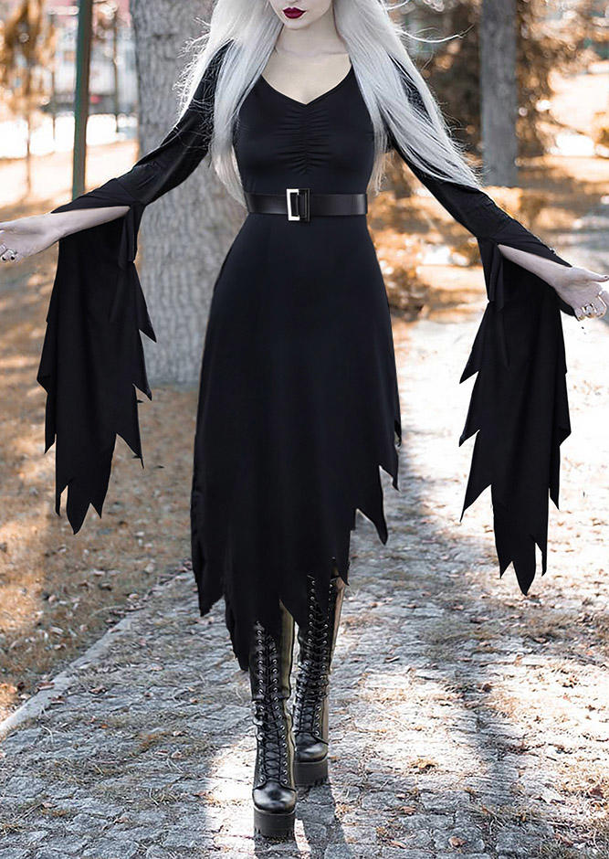 Halloween Ruched Irregular Long Sleeve Maxi Dress With Belt And Hat - Black