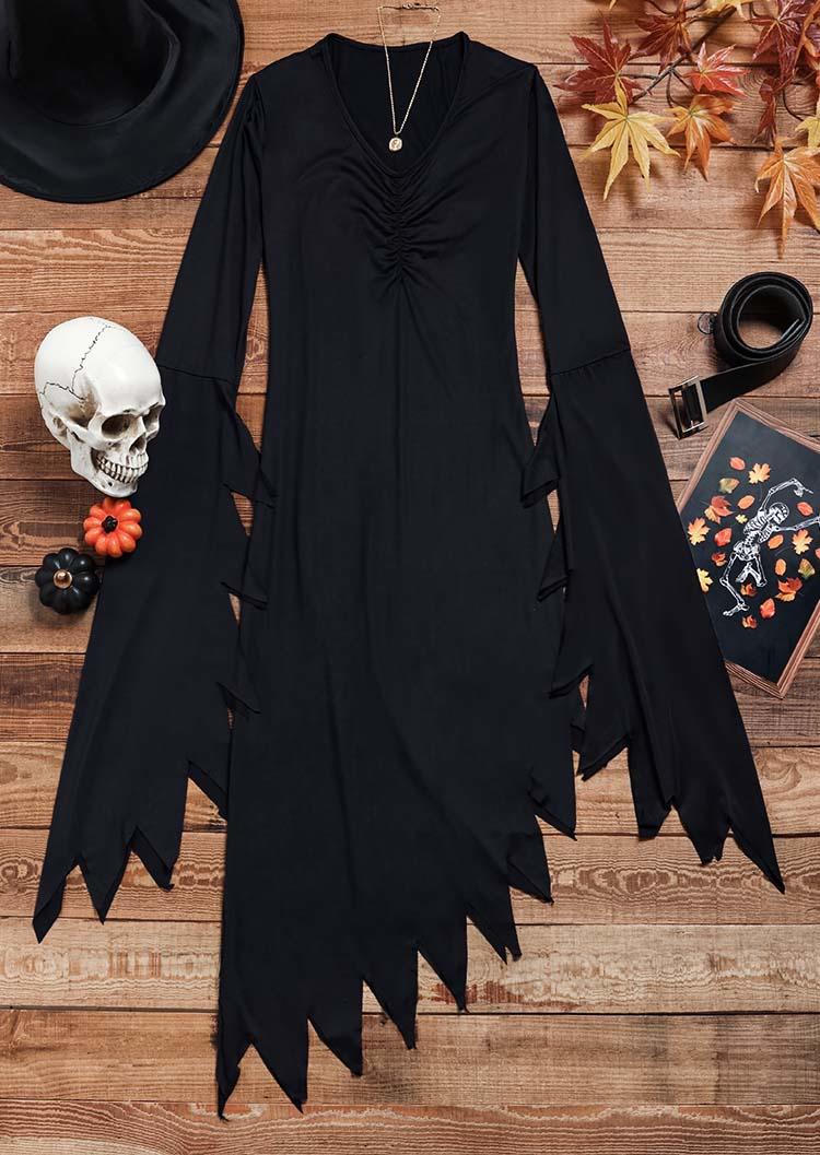 Halloween Ruched Irregular Long Sleeve Maxi Dress With Belt And Hat - Black