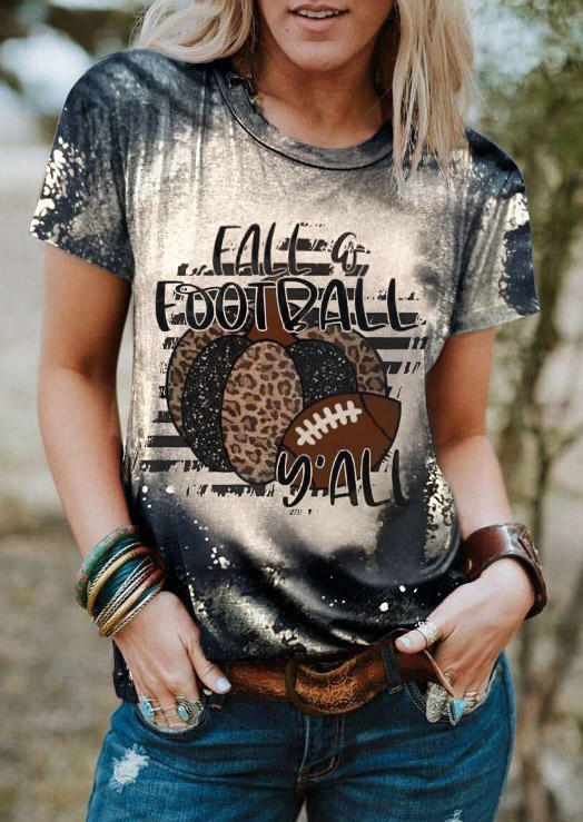 Fall & Football Y'all Leopard Pumpkin Bleached T-Shirt Tee