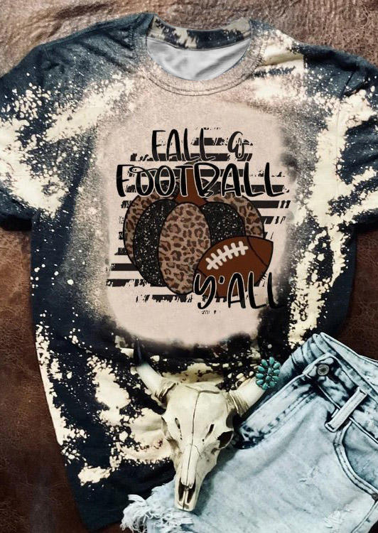 

Fall & Football Y'all Leopard Pumpkin Bleached T-Shirt Tee, Multicolor, SCM006584