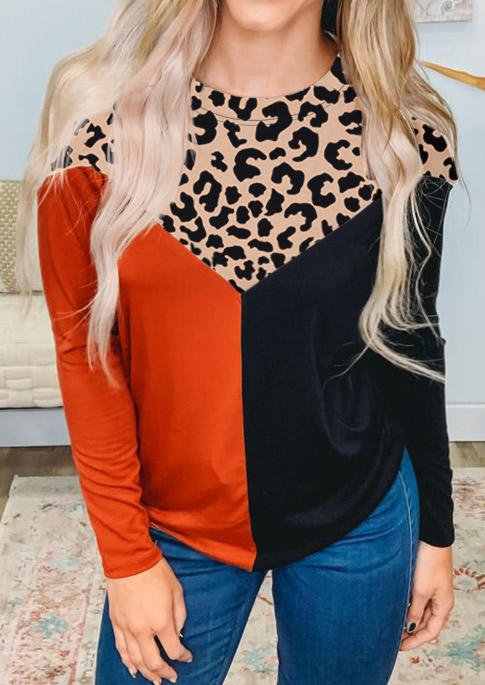 

Color Block Leopard O-Neck Blouse, Multicolor, SCM006610