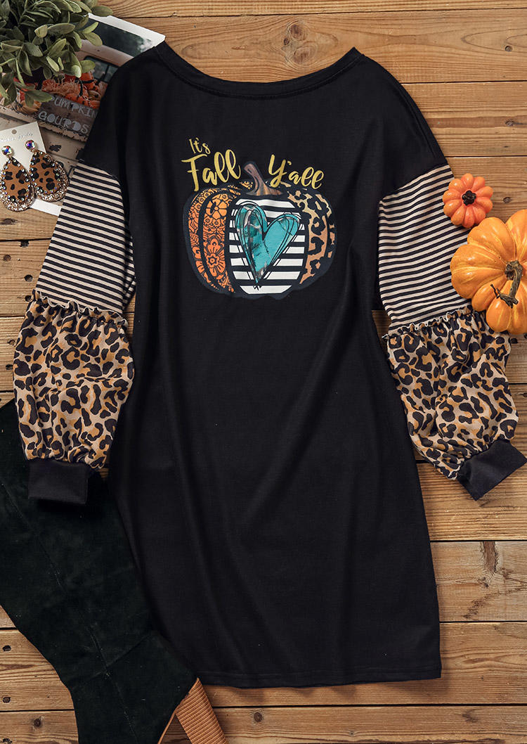 It's Fall Y'all Pumpkin Heart Leopard Striped Mini Dress - Black