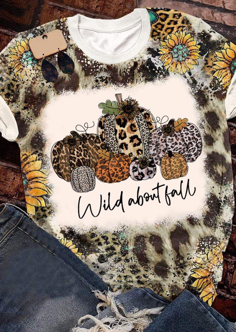 

Wild About Fall Leopard Pumpkin Sunflower Bleached T-Shirt Tee, Multicolor, SCM006665