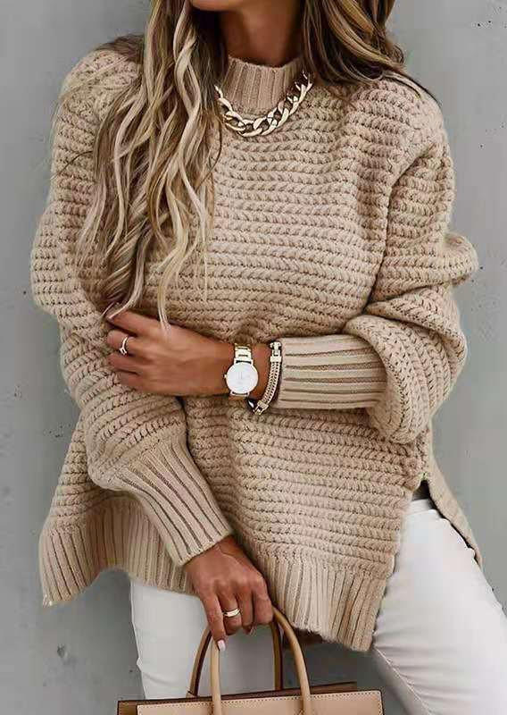 

Slit Hem Knitted Long Sleeve Sweater - Khaki, SCM006718