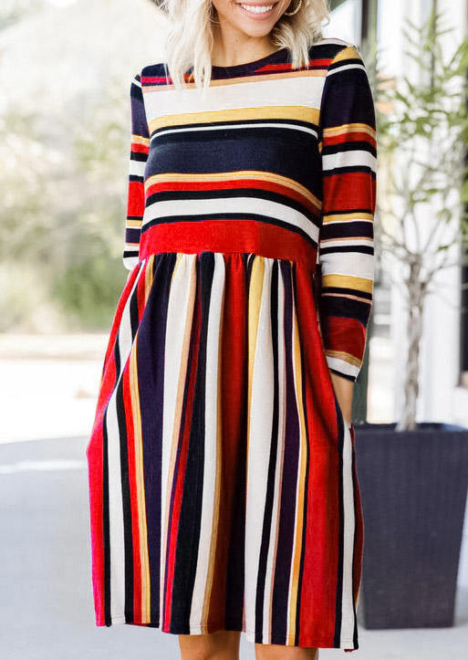 

Colorful Striped Ruffled Pocket Mini Dress, Multicolor, SCM006749