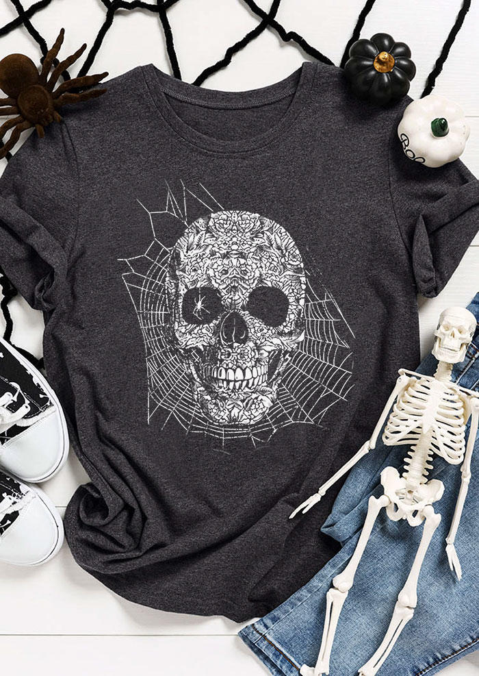 Halloween Skull Spider Web T-Shirt Tee - Dark Grey