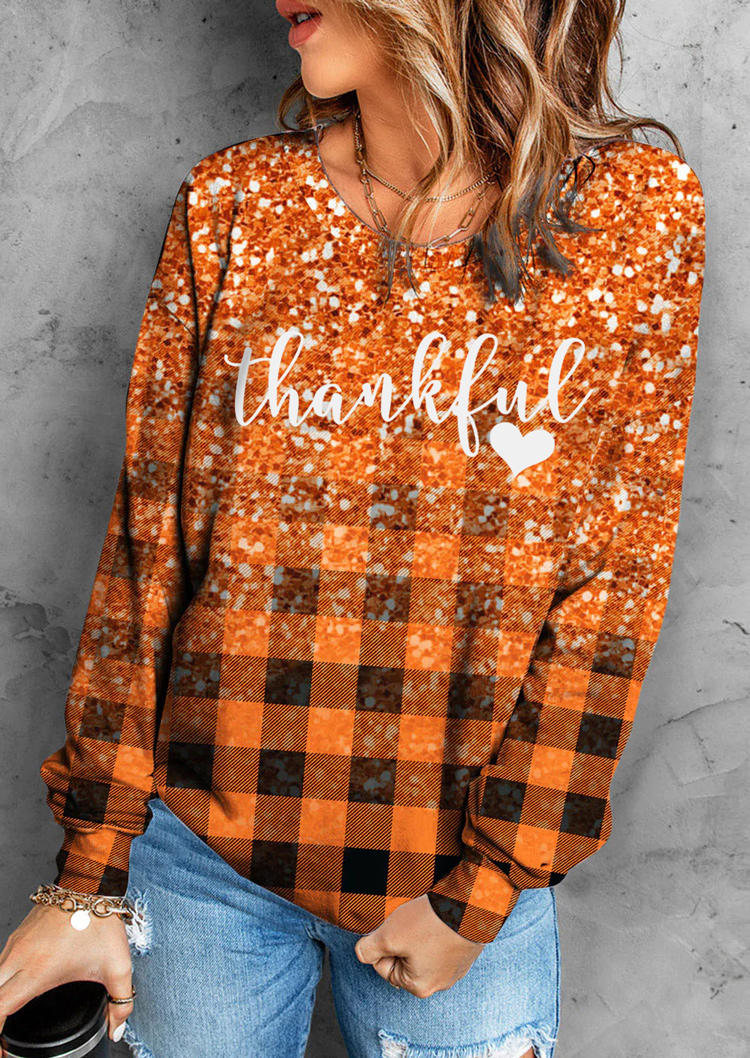 

Thankful Heart Gradient Glitter Plaid Sweatshirt - Orange, SCM006838