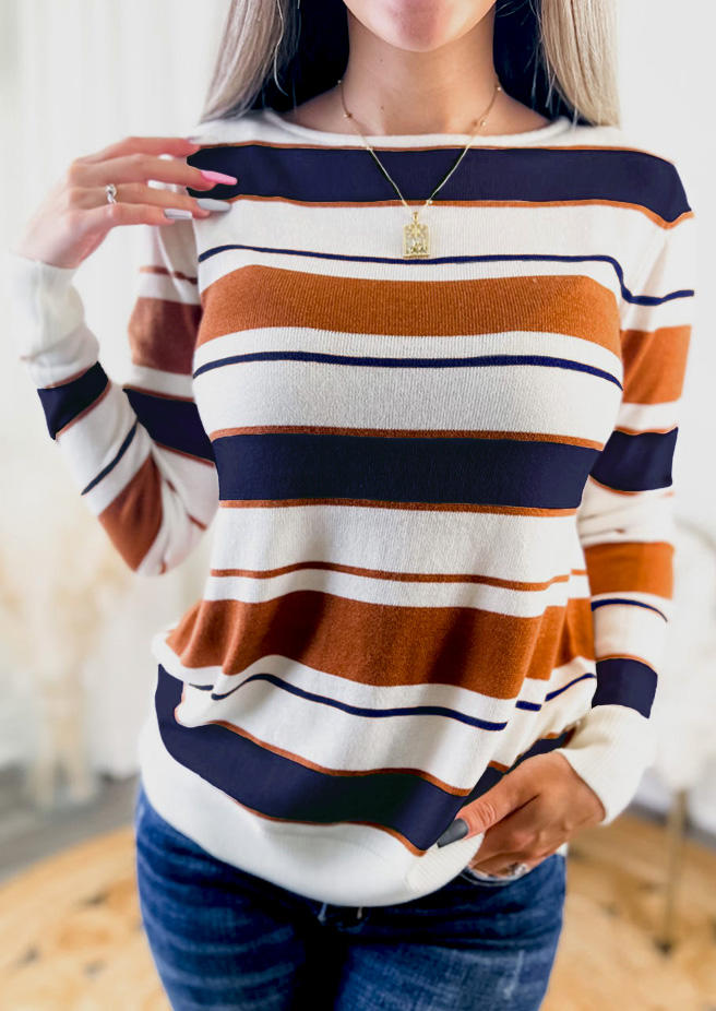 Striped Color Block O-Neck Blouse