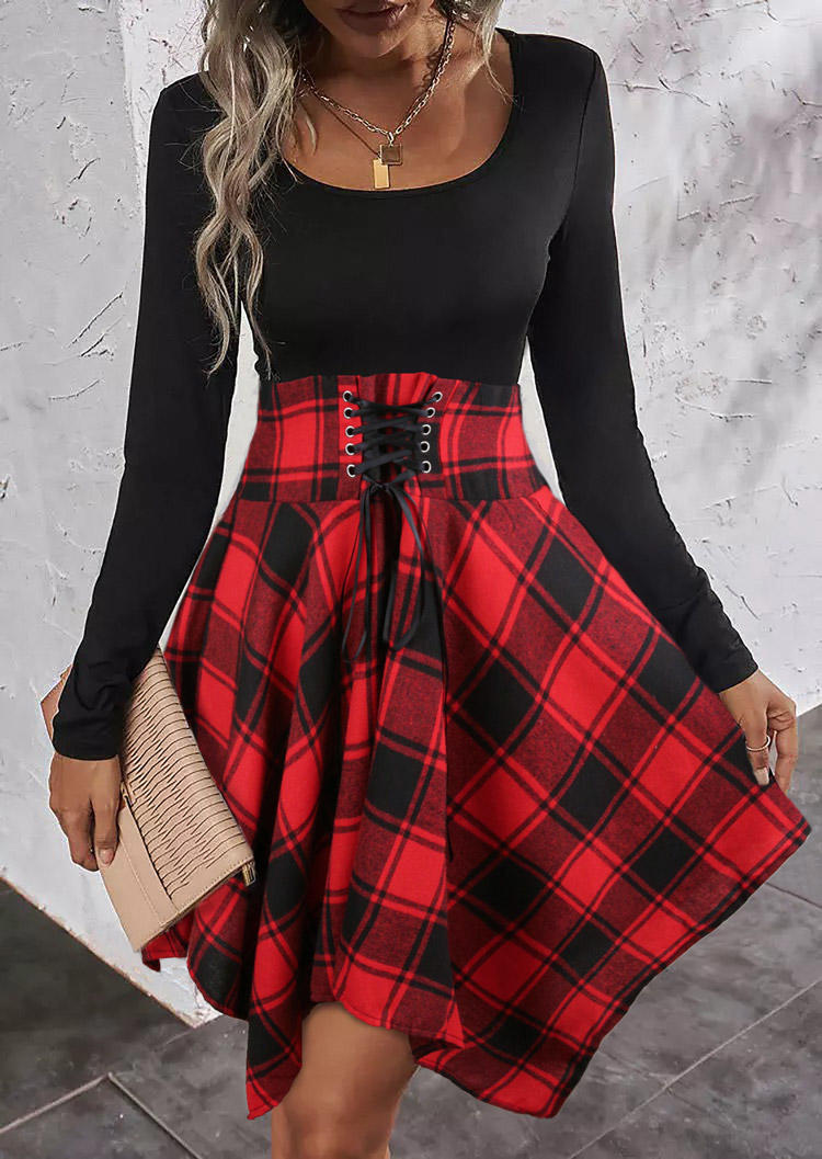 

Plaid Lace Up Long Sleeve O-Neck Mini Dress, Multicolor, SCM006917