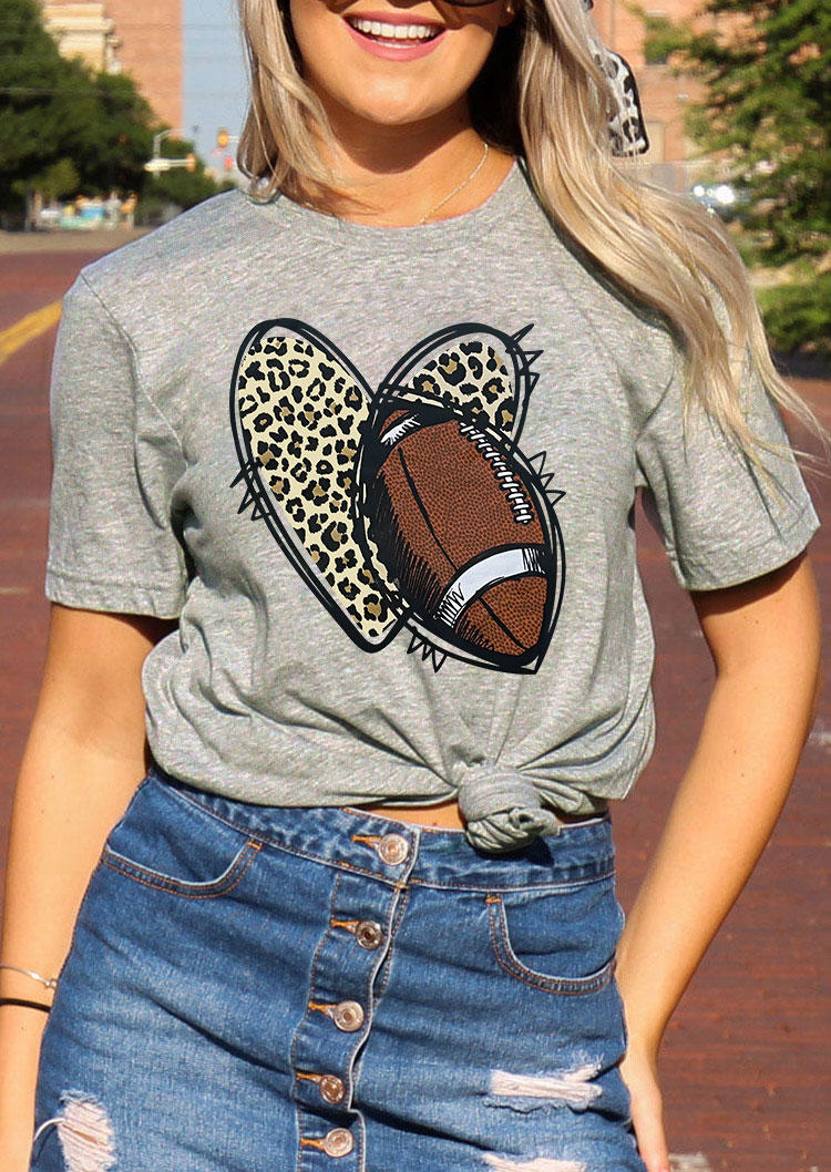 Leopard Heart Football T-Shirt Tee - Gray