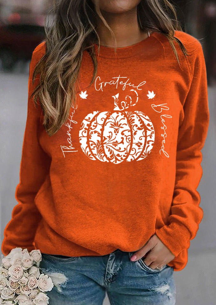 

Thanksgiving Thankful Grateful Blessed Pumpkin Sweatshirt - Orange, SCM007030