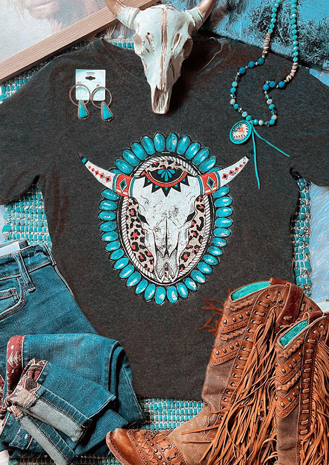 

Turquoise Leopard Steer Skull T-Shirt Tee - Dark Grey, Gray, SCM007046