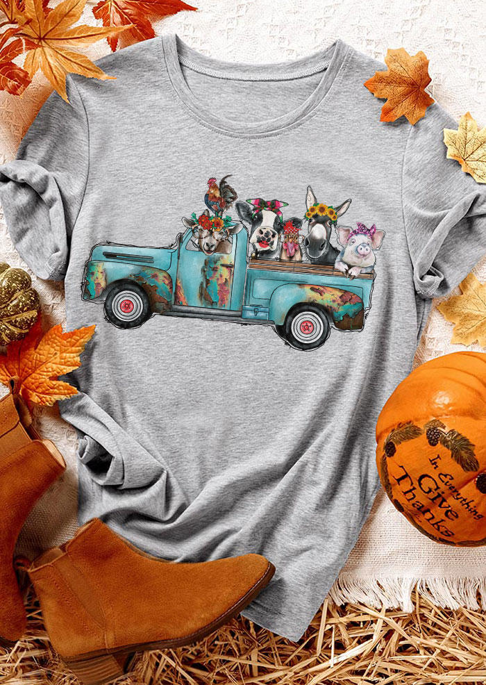 

Farm Truck Animal Sunflower O-Neck T-Shirt Tee - Gray, SCM007049