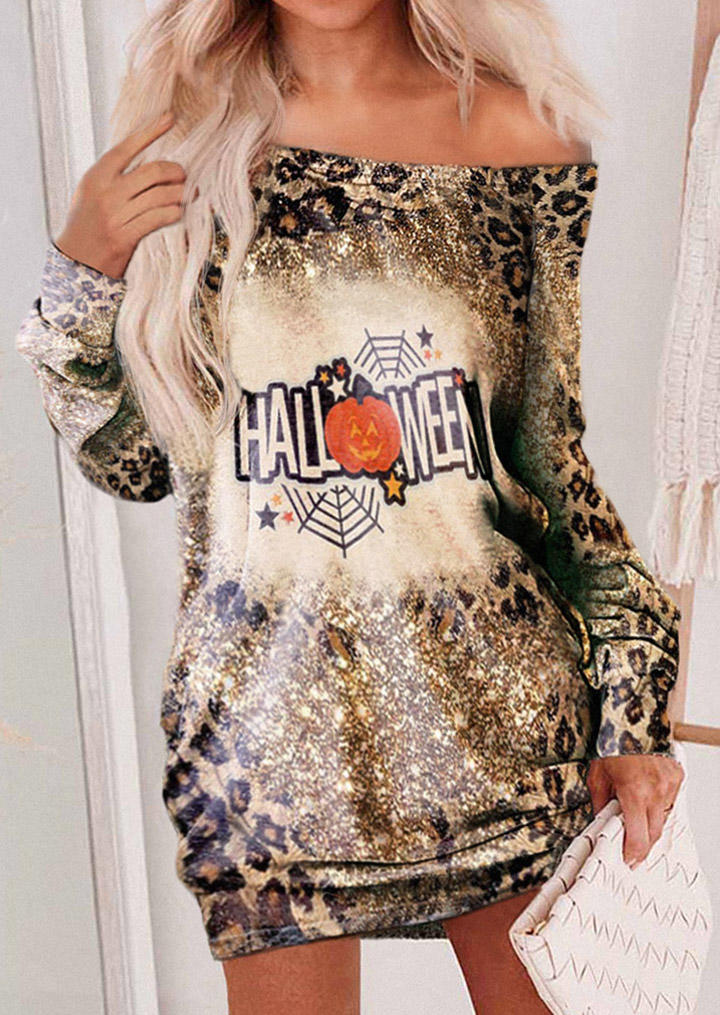 Halloween Glitter Pumpkin Face Leopard Mini Dress