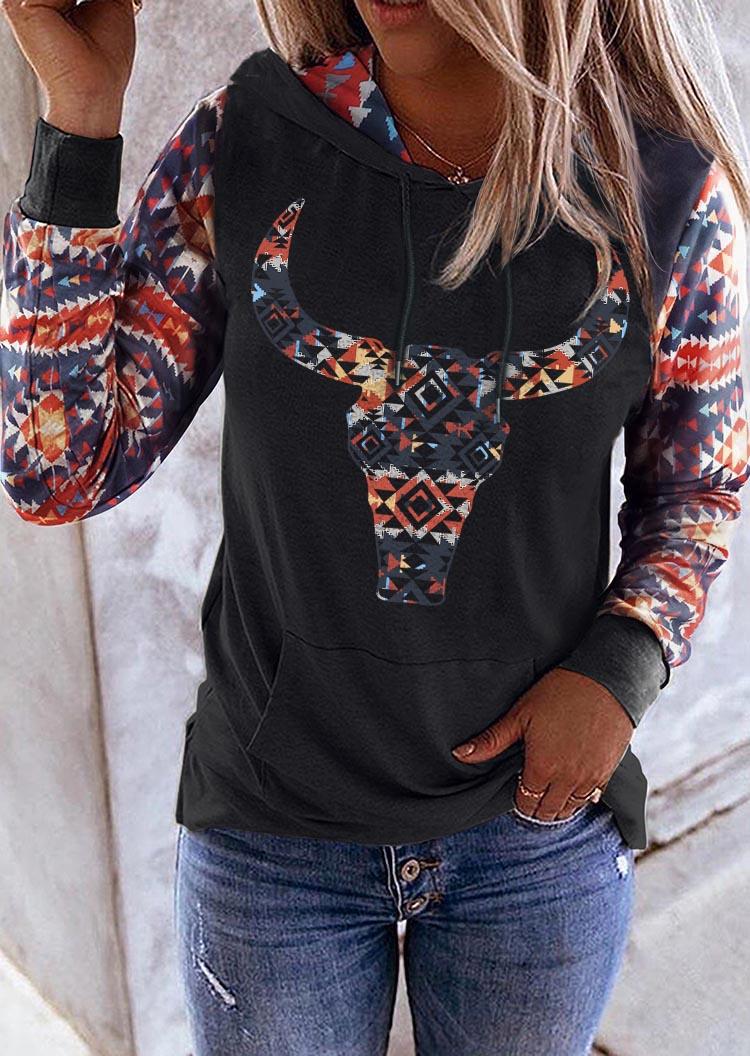 

Aztec Geometric Steer Skull Kangaroo Pocket Hoodie - Black, SCM005485