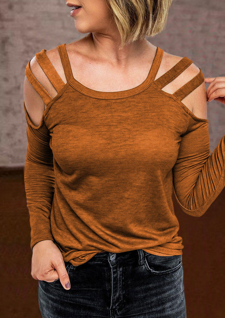 

Hollow Out Long Sleeve O-Neck Blouse - Brown, SCM005994