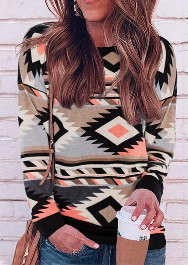 

Aztec Geometric Long Sleeve Sweatshirt, Multicolor, SCM006475