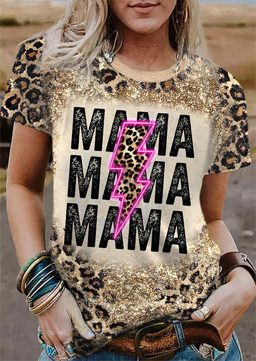 Mama Leopard Glitter Bleached O-Neck T-Shirt Tee