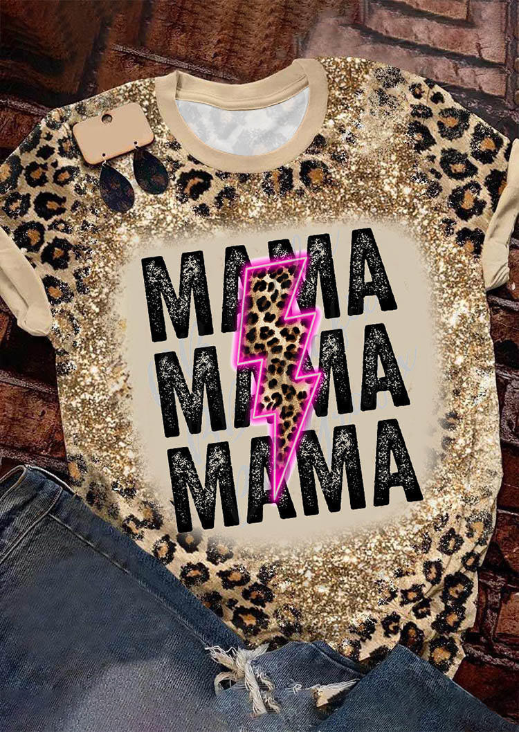 

Mama Leopard Glitter Bleached O-Neck T-Shirt Tee, Multicolor, SCM006587