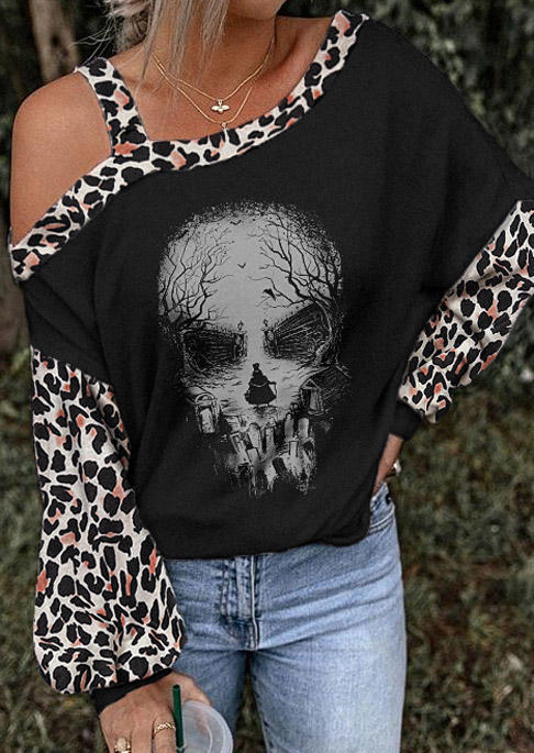 

Halloween Leopard One Sided Cold Shoulder Blouse - Black, SCM006605