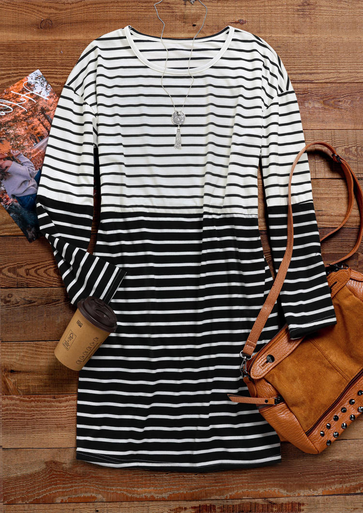 Striped Long Sleeve O-Neck Mini Dress