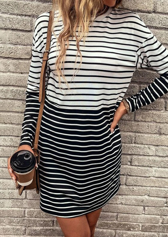 Striped Long Sleeve O-Neck Mini Dress