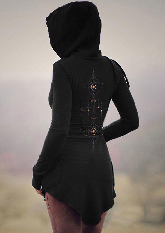 

Irregular Tribal Drawstring Pocket Hoodie - Black, SCM006709